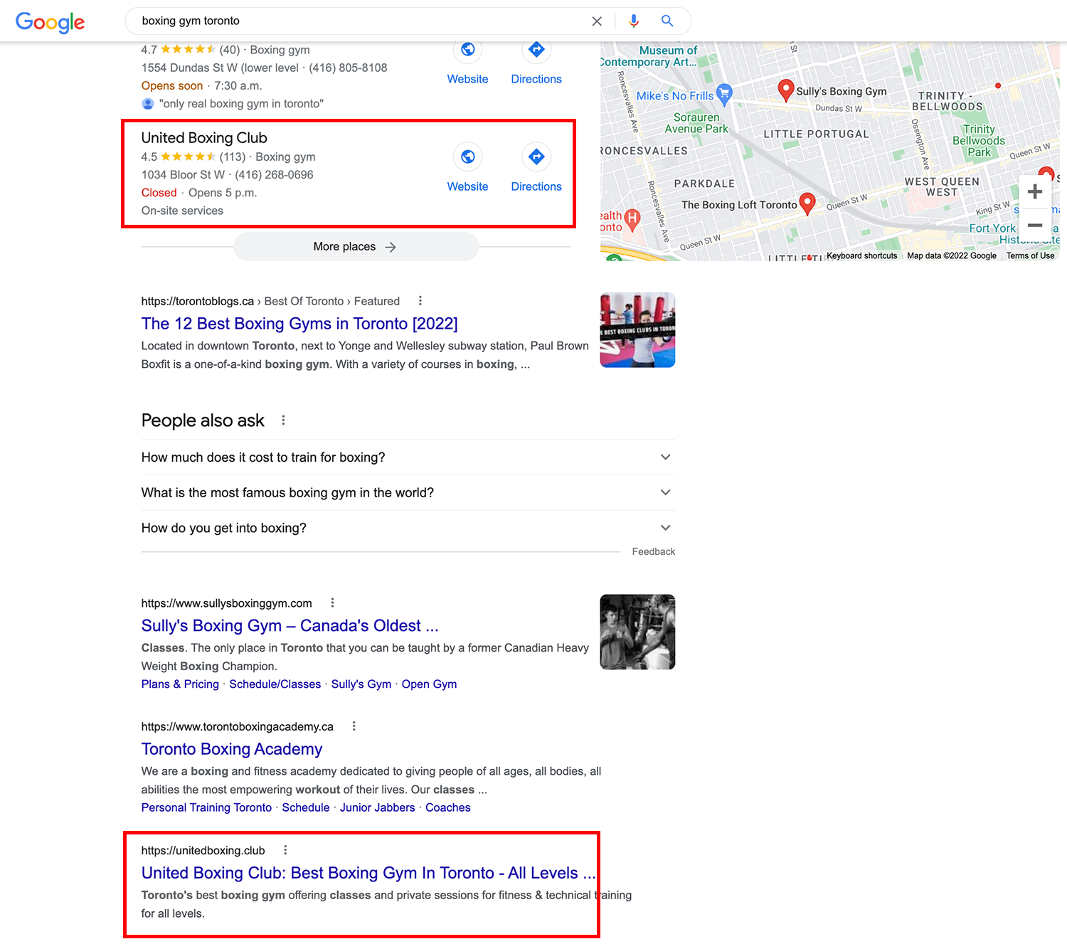 Client ranked on page #1 for "boxing", "boxing gym" and more in local area