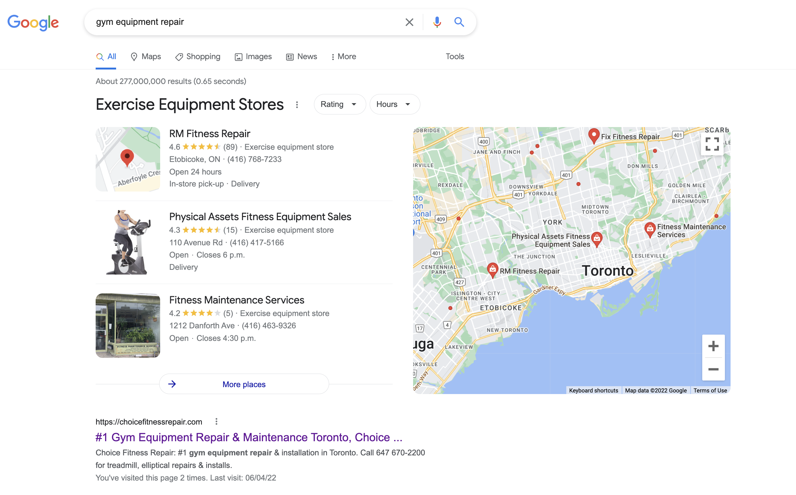 Client ranked on page #1 for gym equipment repair, treadmill repair, gym bike repair & more